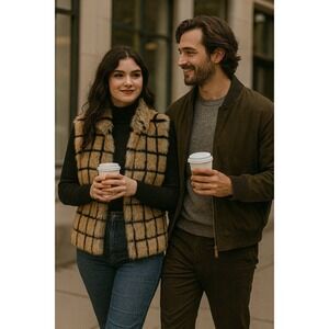 Boho City Glam Career Winter Career Black Tan Blocks Faux Fur Square XS Vest